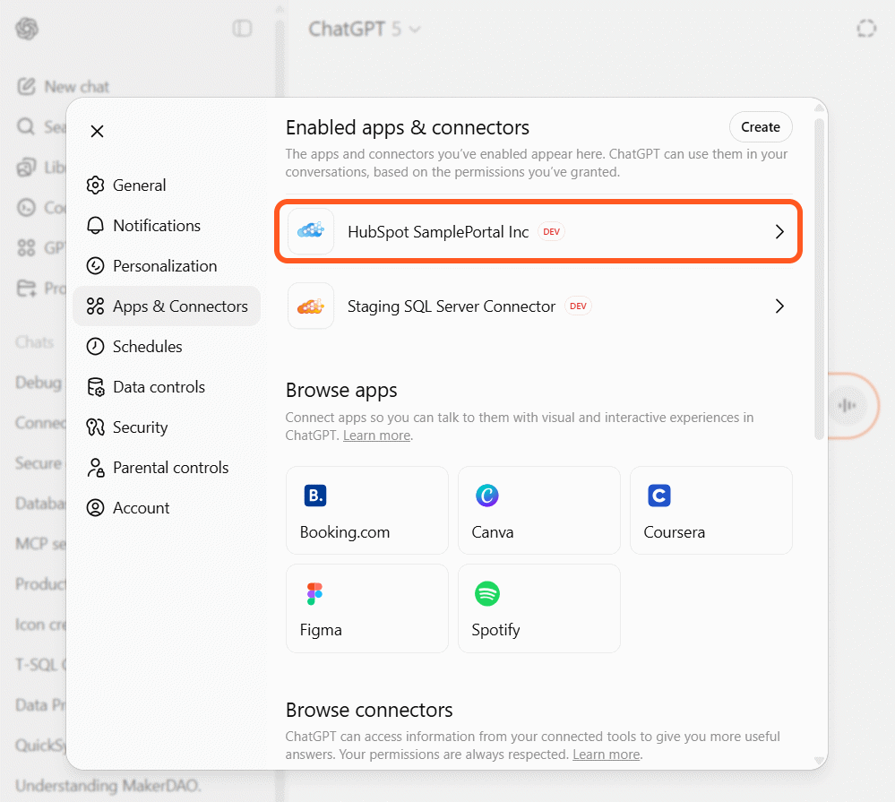 ChatGPT Settings - Configured Connector